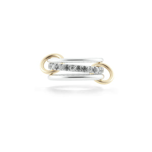 Ghost image of a Spinelli Kilcollin Petunia ring that features a 1.7mm sterling silver band, a 2.88mm sterling silver band pave with grey diamonds, and a 2.3mm sterling silver band, all connected with two 18k yellow gold connectors. 