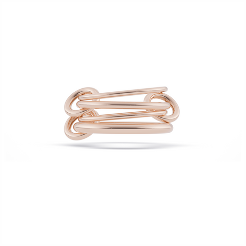 Ghost image of a Spinelli Kilcollin Pisces ring that features two 1.2mm rose gold bands, a 1.7mm rose gold band, and a 2.3mm rose gold band, connected by three rose gold connectors. 