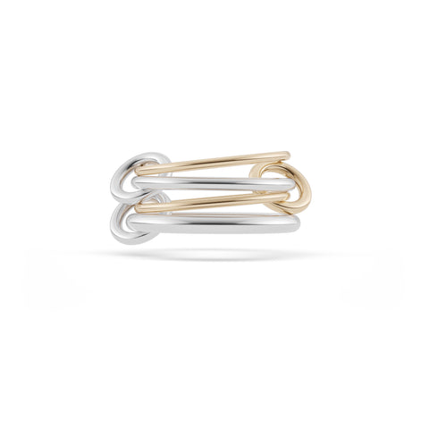 Ghost image of a Spinelli Kilcollin Pisces ring that features two 1.2mm yellow gold bands, a 1.7mm sterling silver band, and a 2.3mm sterling silver band, connected by two sterling silver connectors and one yellow gold connector. 