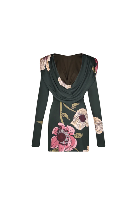 A dark green long-sleeve cowl neck dress with a floral print featuring pink and white flowers, displayed on a clean white background.