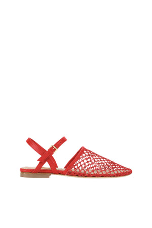 Side profile of a red, closed-toe, mesh flat sandal that features criss-cross ankle straps.