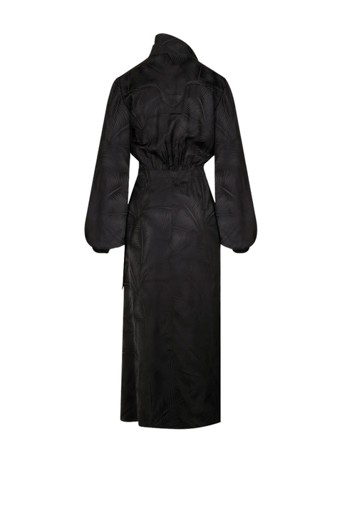 A black long-sleeve midi dress with a high structured collar and a self-tie waist belt, shown from the back against a plain white background.