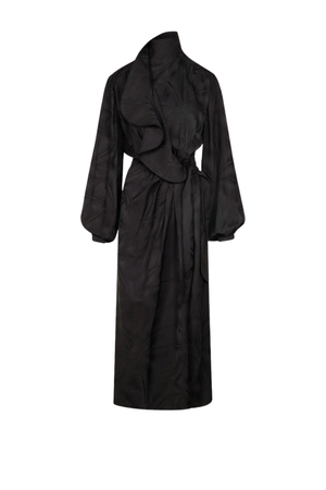 A black long-sleeved wrap coat with a high collar and self-tie belt, displayed on a clean white background.