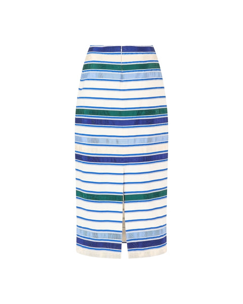 Back of ribbon striped pencil skirt with slit.