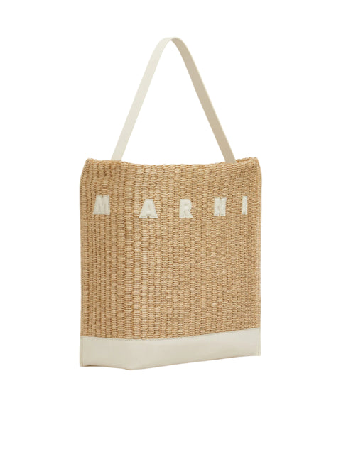 Raffia and cream leather handbag with cream leather puffy 'Marni' logo on front.