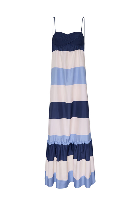 Blue and white striped maxi dress with a structured woven bust and a white background