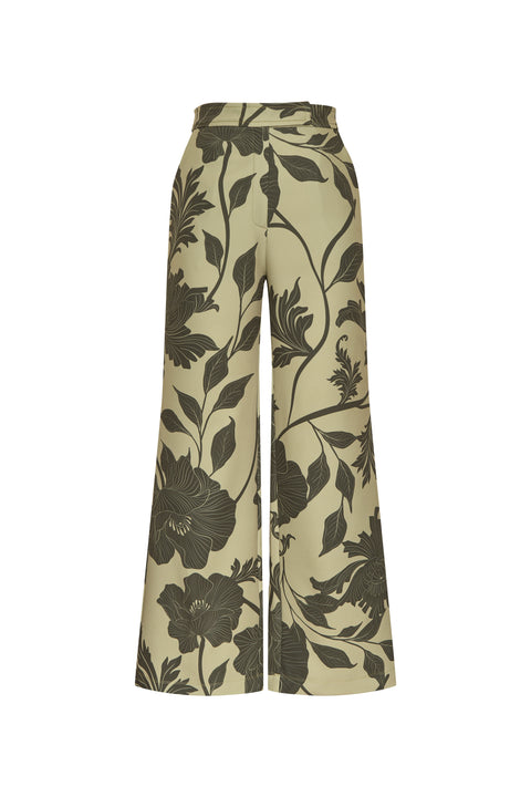 Flat lay of green floral wide leg pant on a white background