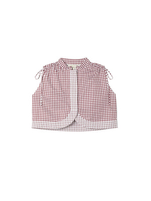 Red and white checkered blouse  with ties at the shoulder on a white background