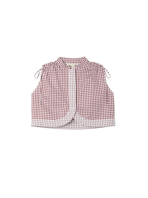 Red and white checkered blouse  with ties at the shoulder on a white background