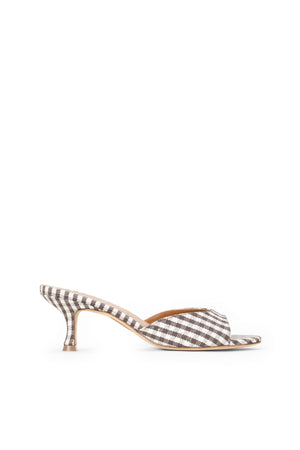 Right facing brown gingham, open-toe kitten heel