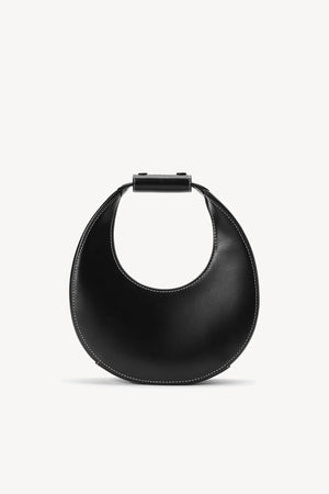 A small, black leather, moon shaped handbag. 