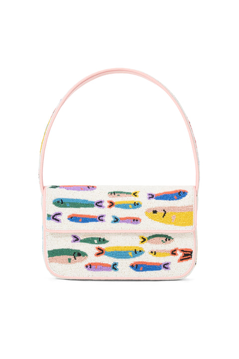 A white glass-beaded shoulder bag that features a rainbow sardine design. 