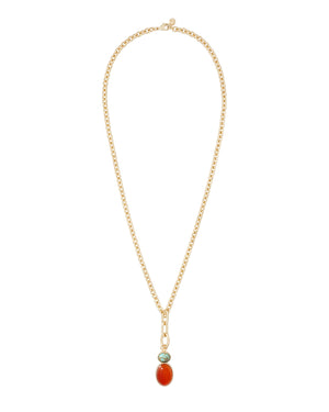 A gold-tone chain necklace that features a semi-precious stone pendant of carnelian and turquoise. 