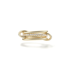 Ghost image of a Spinelli Kilcollin Sonny ring that features three 1.7mm 18k yellow gold bands, one pave with white diamonds, all connected by two 18k yellow gold connectors. 
