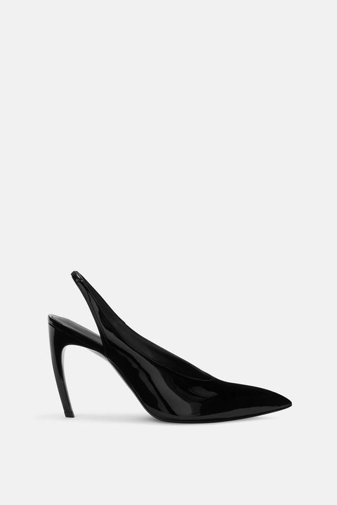 Side profile of a black, patent leather slingback heel that features a curved heel design. 