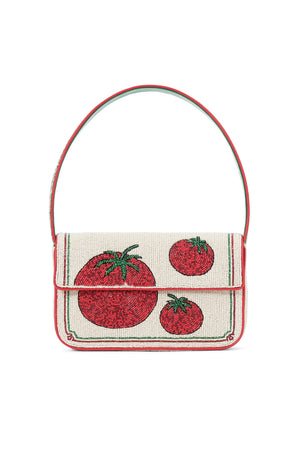 Glass beaded shoulder bag that features three tomatoes and and red and green border. 