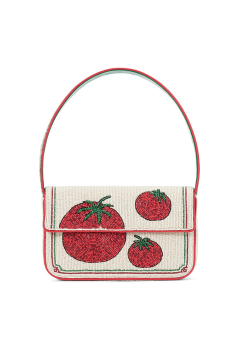 Glass beaded shoulder bag that features three tomatoes and and red and green border. 