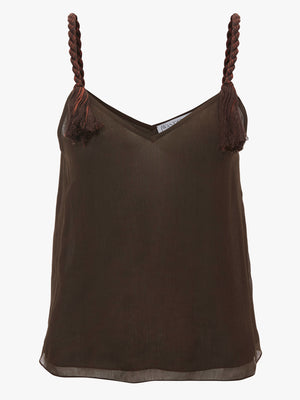 Brown crepe v-neck tank with tassel strap detail.