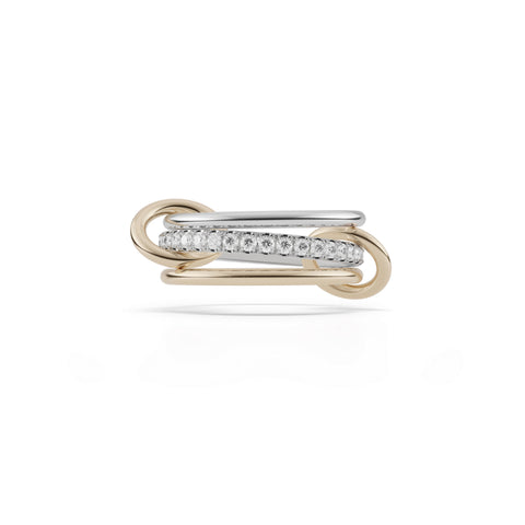 Ghost image of a Spinelli Kilcollin Tigris ring that features two 1.mm sterling silver bands, one with pave white diamonds, and a 1.7mm 18k yellow gold band, all connected by two 18k yellow gold connectors. 