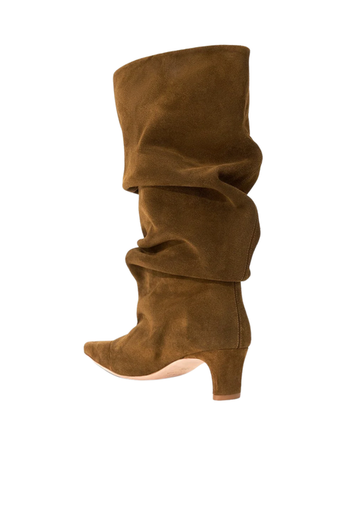 Brown suede mid-calf boot on a white background