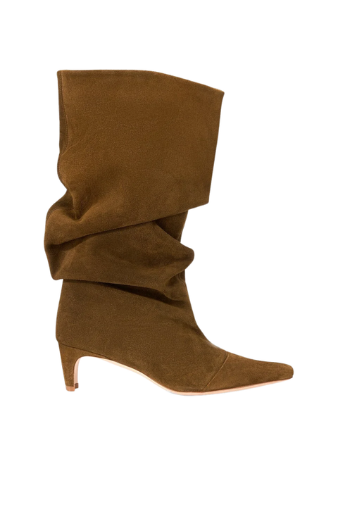 Brown suede mid-calf boot on a white background