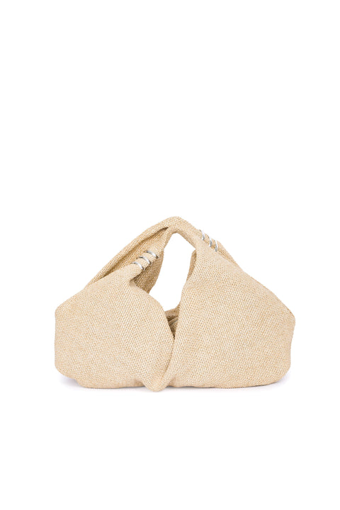 Beige woven handbag on a white background