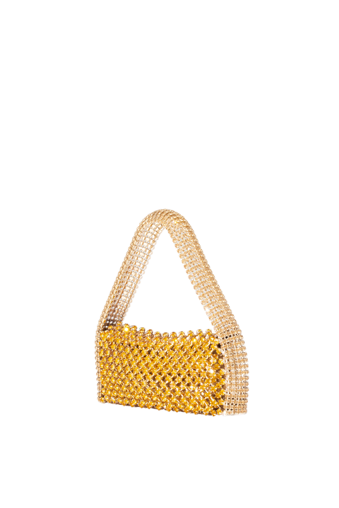 A gold rhinestone-embellished handbag with a structured rectangular body and a single shoulder strap, shown against a plain white background.