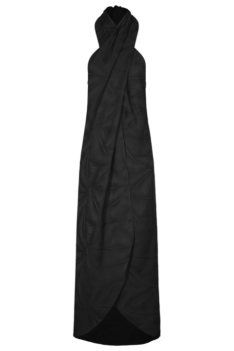 A long black halter-neck top with a jacquard print