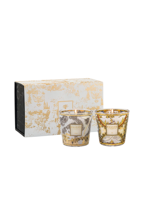 Candle set duo wth two miniature cancles withdecorative gold leaf vessels and disblay box. 