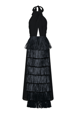 A black long halter neck dress with metallic fringe tiers