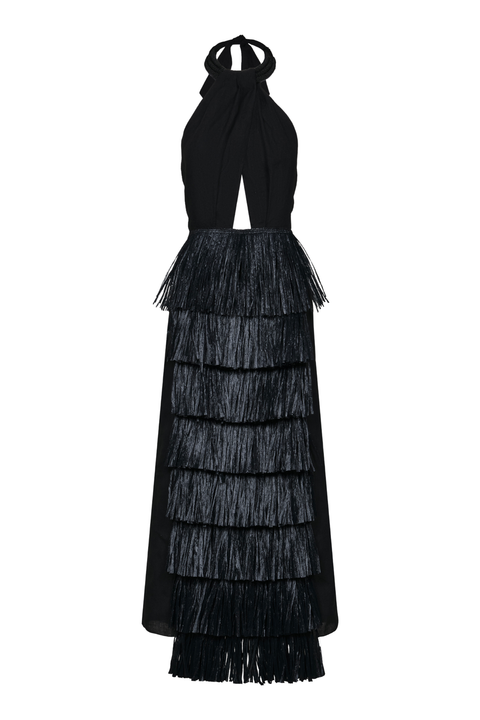 A black long halter neck dress with metallic fringe tiers