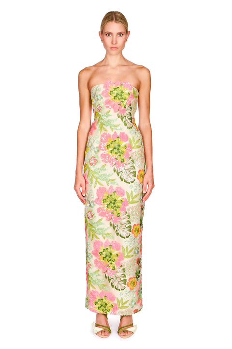Strapless Floral Chiffon Dress