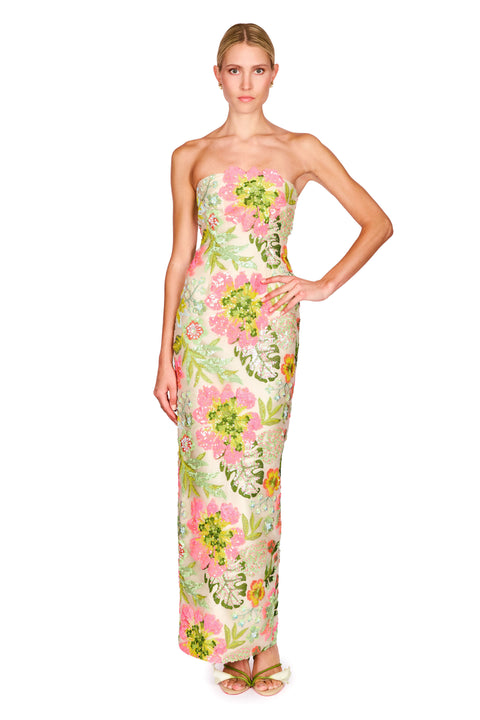 Strapless Floral Chiffon Dress
