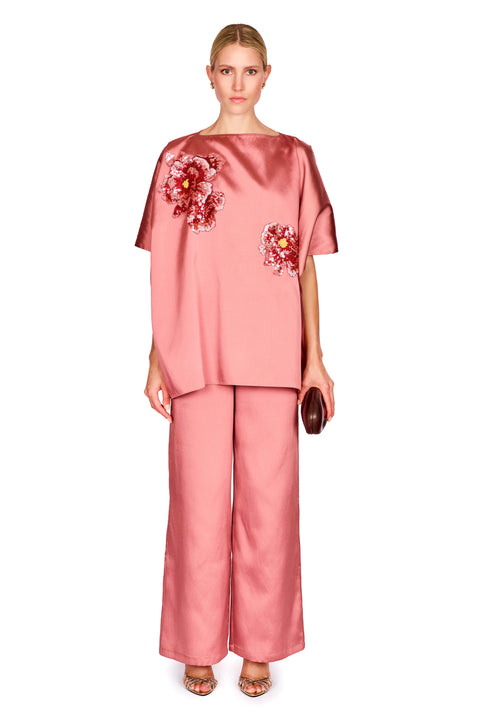Satin Twill Top With Embroidered Flowers