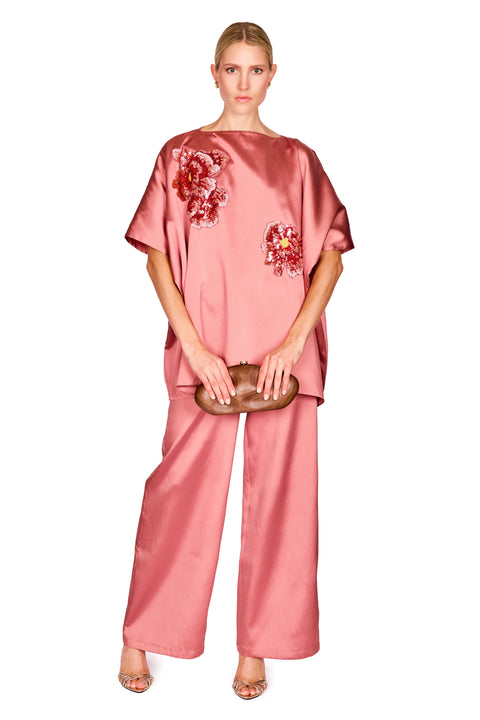 Satin Twill Top With Embroidered Flowers
