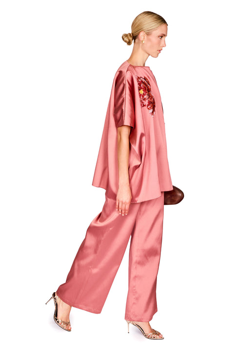 Satin Twill Top With Embroidered Flowers