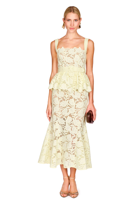 Yellow Lace Peplum Midi Dress