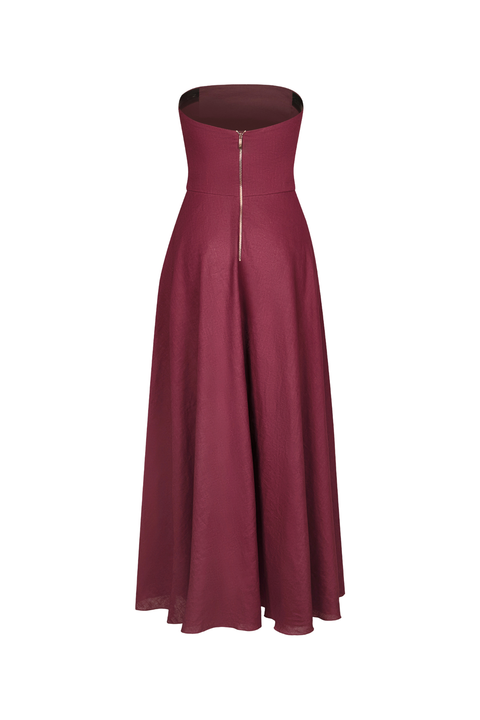 A wine-toned strapless midi dress with chest embroidery and fringe at the waist