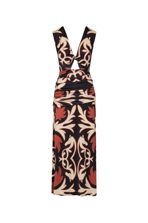 A black, cream, and red patterned midi dress with a reversible deep v or boat neckline