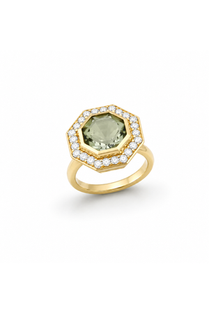 Prasolite and Diamond Bia Ring