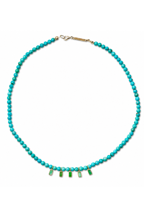 Turquoise and 5 Emerald Beaded Necklace