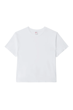 A plain white short-sleeve crewneck t-shirt laid flat against a solid white background.