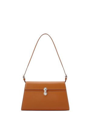 Tan brown leather shoulder bag with silver buckle