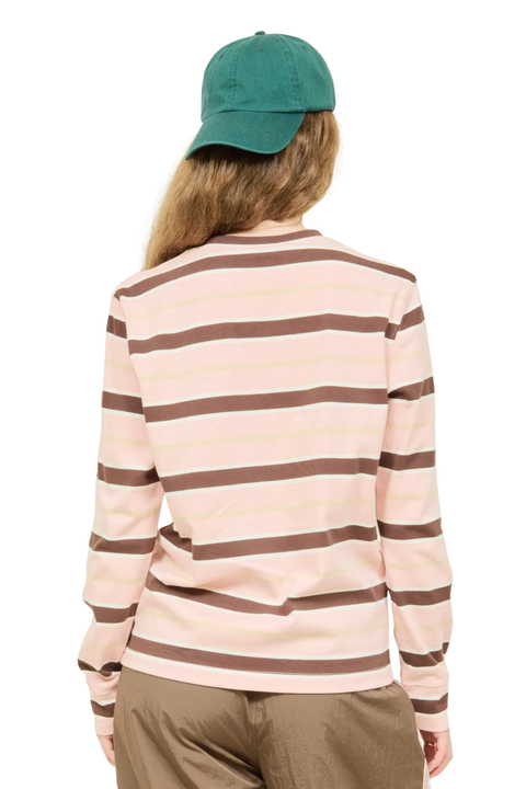 Back view of a girl wearing a long sleeve pink and brown stripe t-shirt.
