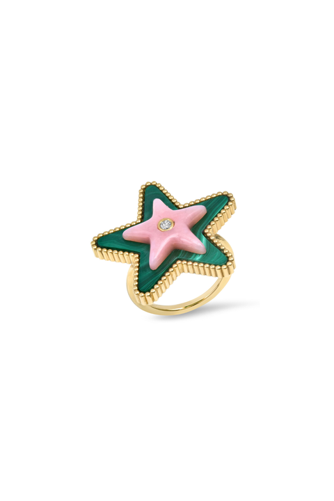 Mega Star Power Malachite, Pink Opal And Diamond Star Ring