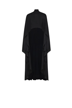 A black high-neck, long-sleeved draped cape-style dress with layered ruffle details, shown against a plain white background.