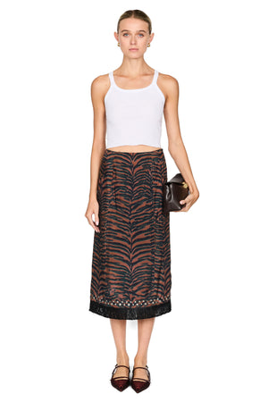 Tiger Print Studded Midi Skirt With Fringe