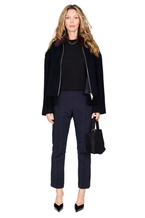 Wool Scarf-Hem Jacket With Faux Fur Collar