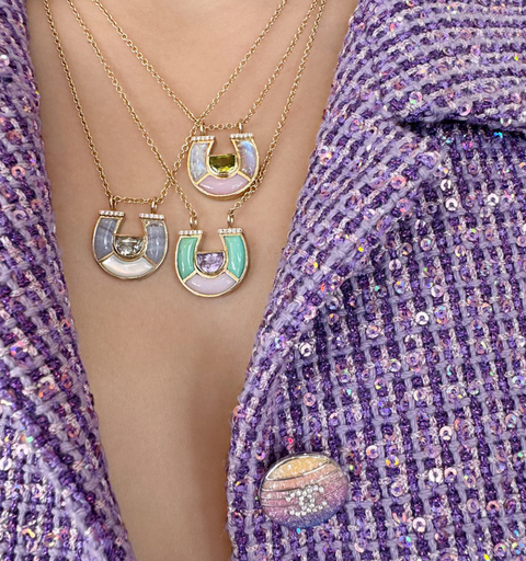 Peridot, Moonstone, Pink Opal & Diamond Horseshoe Necklace