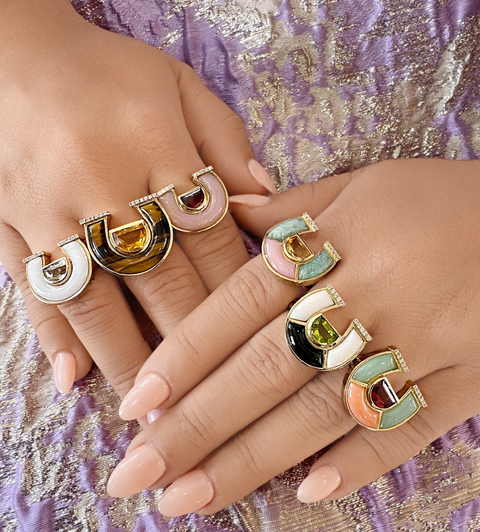 Prasolite, White Mother Of Pearl And Diamond Horseshoe Ring